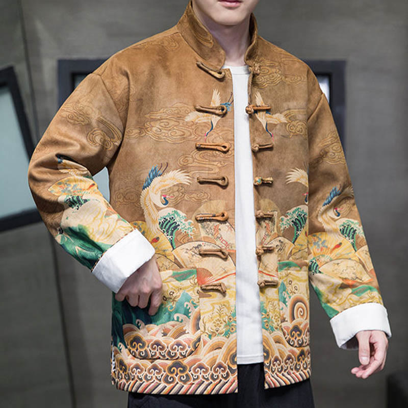 Buddha Stones Frog-Button Chinese Tang Suit Crane Character Long Shirt Cotton Suede Men Jacket Clothing - image 7