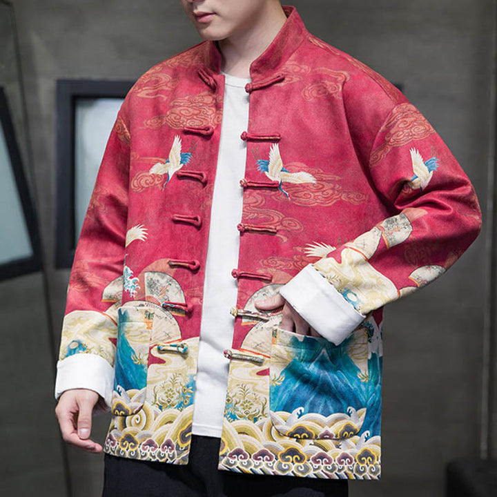 Buddha Stones Frog-Button Chinese Tang Suit Crane Character Long Shirt Cotton Suede Men Jacket Clothing - image 21