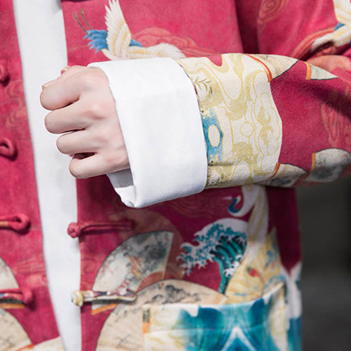 Buddha Stones Frog-Button Chinese Tang Suit Crane Character Long Shirt Cotton Suede Men Jacket Clothing - image 27