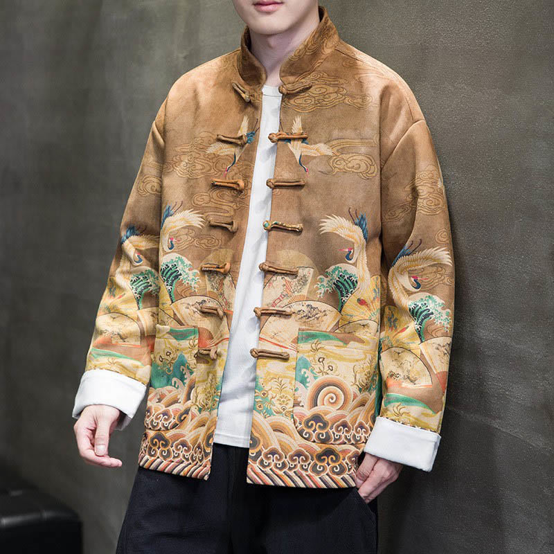 Buddha Stones Frog-Button Chinese Tang Suit Crane Character Long Shirt Cotton Suede Men Jacket Clothing - Goldenrod - US/UK/AU46，EU56 (5XL) - image 1