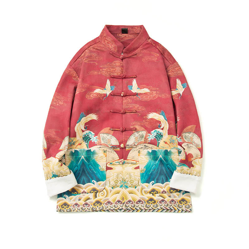 Buddha Stones Frog-Button Chinese Tang Suit Crane Character Long Shirt Cotton Suede Men Jacket Clothing - image 28