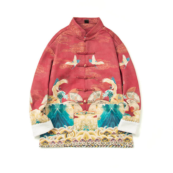 Buddha Stones Frog-Button Chinese Tang Suit Crane Character Long Shirt Cotton Suede Men Jacket Clothing - image 28