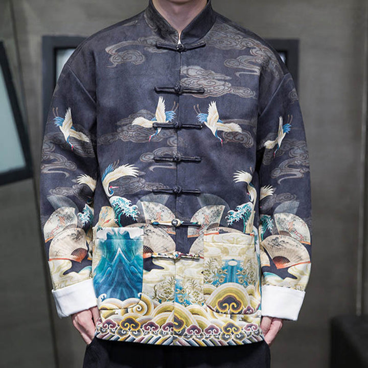 Buddha Stones Frog-Button Chinese Tang Suit Crane Character Long Shirt Cotton Suede Men Jacket Clothing - image 14
