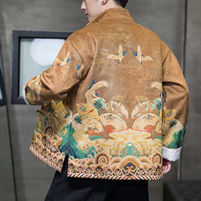 Buddha Stones Frog-Button Chinese Tang Suit Crane Character Long Shirt Cotton Suede Men Jacket Clothing - image 3