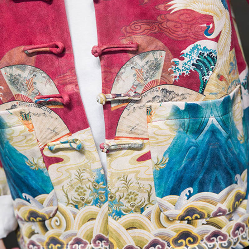 Buddha Stones Frog-Button Chinese Tang Suit Crane Character Long Shirt Cotton Suede Men Jacket Clothing - image 26