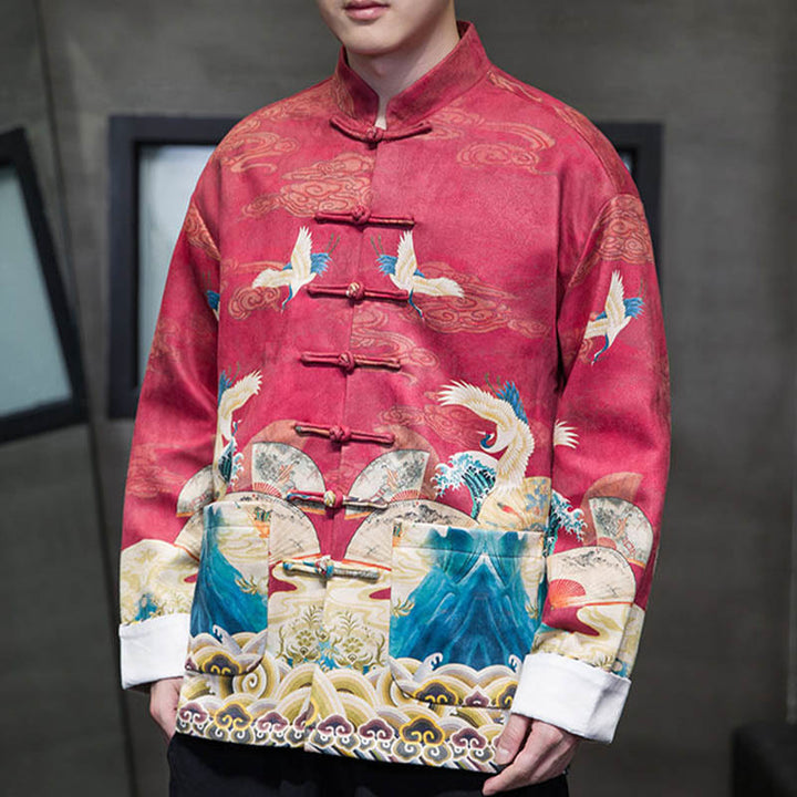Buddha Stones Frog-Button Chinese Tang Suit Crane Character Long Shirt Cotton Suede Men Jacket Clothing - image 23