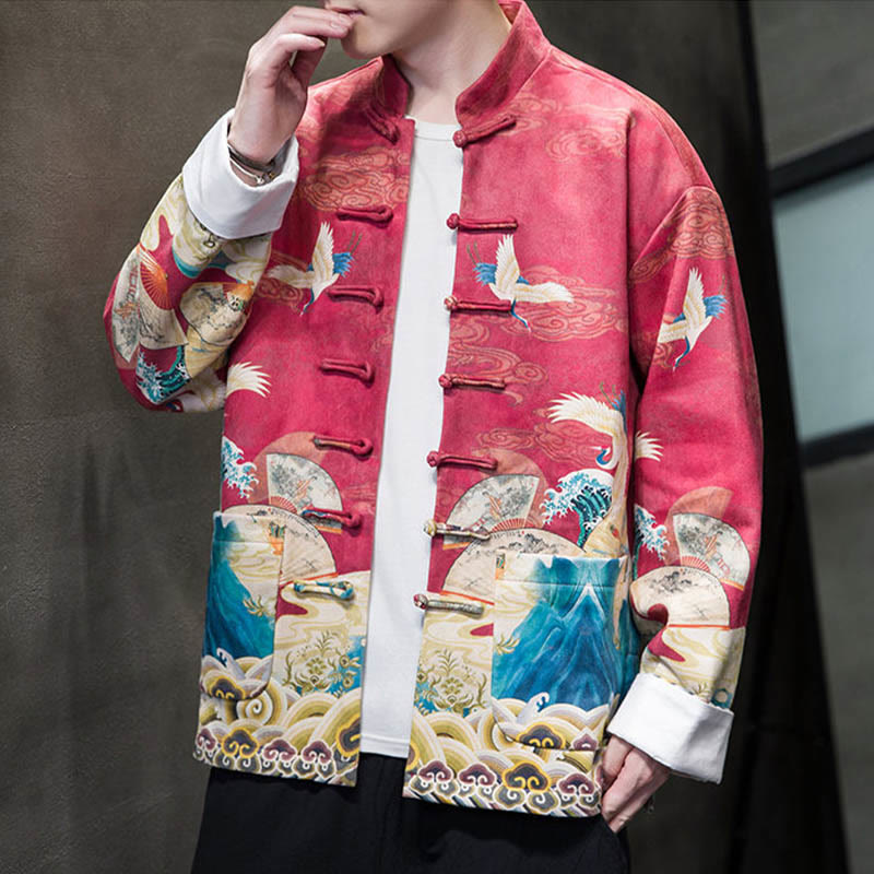 Buddha Stones Frog-Button Chinese Tang Suit Crane Character Long Shirt Cotton Suede Men Jacket Clothing - image 18