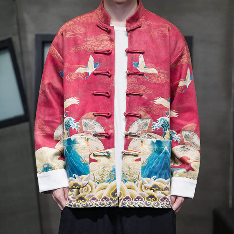 Buddha Stones Frog-Button Chinese Tang Suit Crane Character Long Shirt Cotton Suede Men Jacket Clothing - image 22