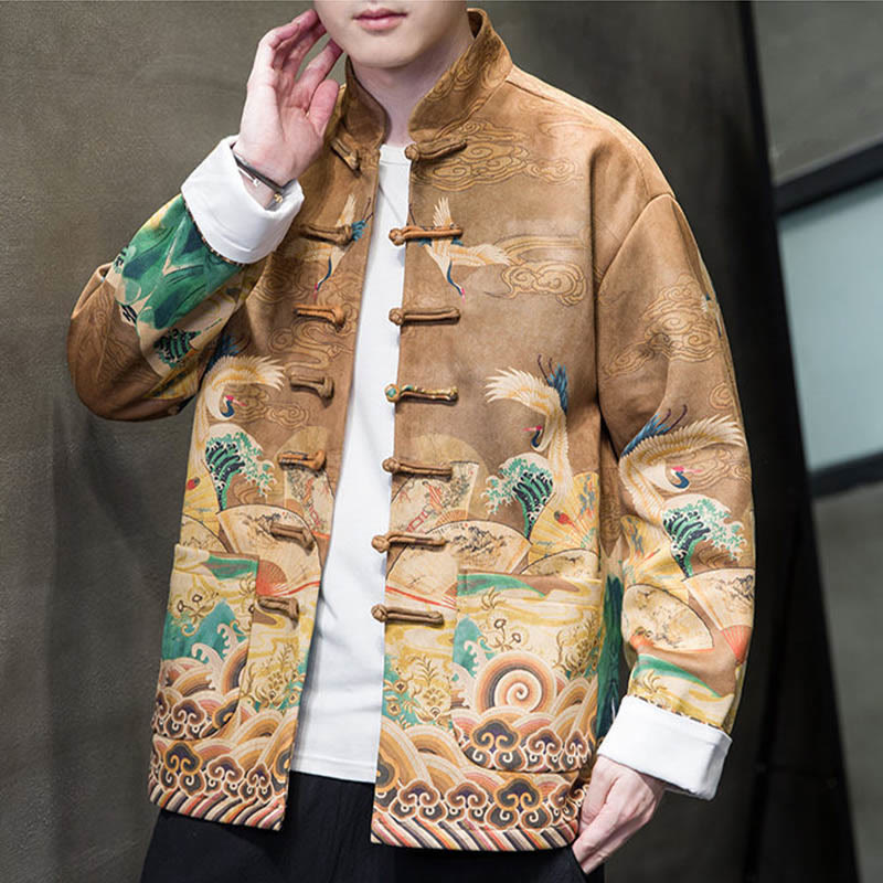 Buddha Stones Frog-Button Chinese Tang Suit Crane Character Long Shirt Cotton Suede Men Jacket Clothing - image 2