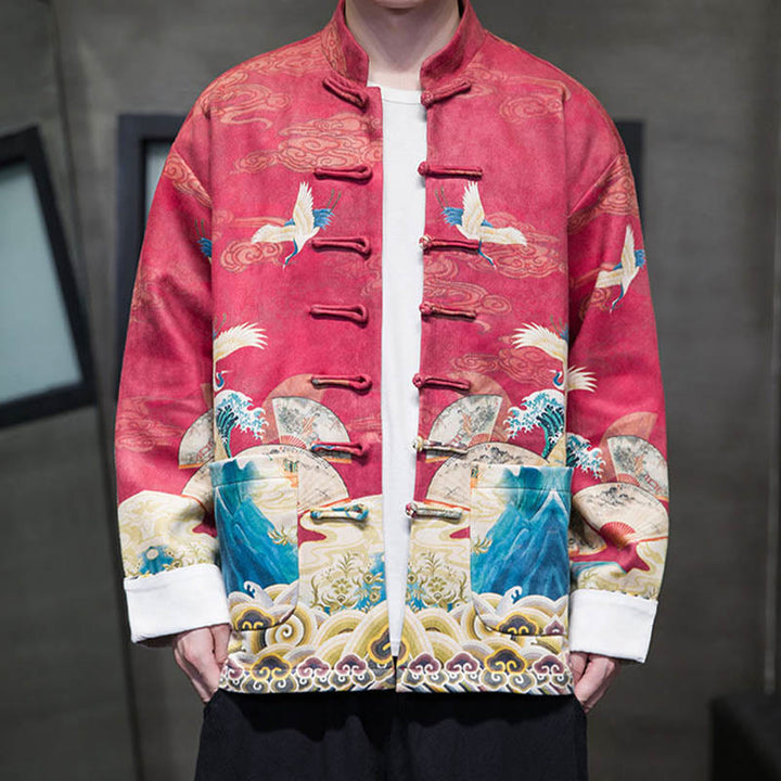 Buddha Stones Frog-Button Chinese Tang Suit Crane Character Long Shirt Cotton Suede Men Jacket Clothing - image 21
