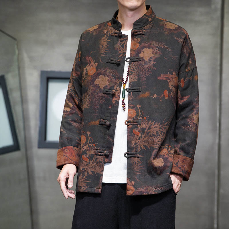 Buddha Stones Frog-Button Chinese Tang Suit Long Shirt Cotton Men Jacket Clothing - Black - US/UK/AU46，EU56 (5XL) - image 1