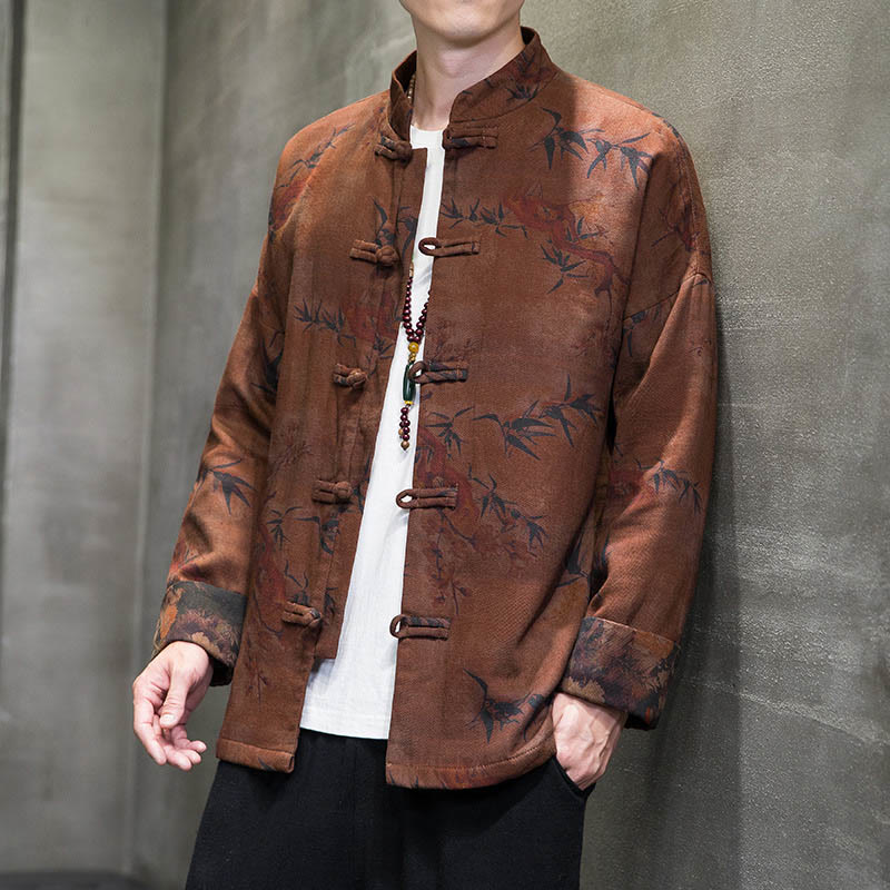 Buddha Stones Frog-Button Chinese Tang Suit Long Shirt Cotton Men Jacket Clothing - DarkGoldenrod - US/UK/AU46，EU56 (5XL) - image 11