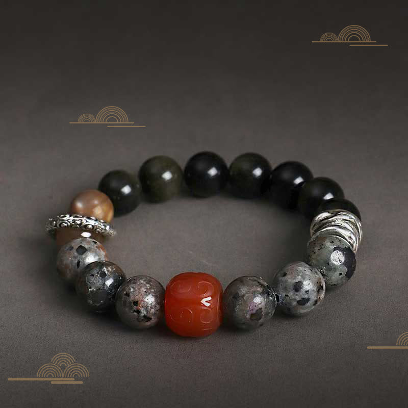 Buddha Stones Gold Sheen Obsidian Lava Rock Red Agate Protection Bracelet