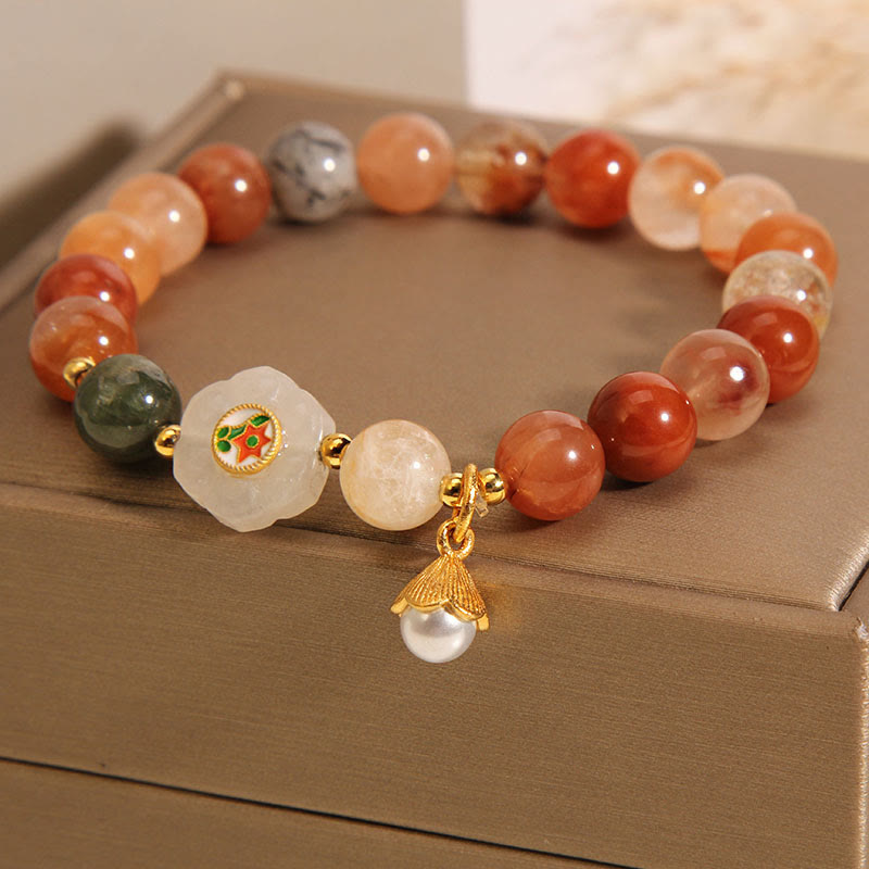 Buddha Stones Natural Fu Lu Shou Crystal Hetian White Jade Pearl Luck Bracelet