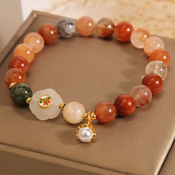 Buddha Stones Natural Fu Lu Shou Crystal Hetian White Jade Pearl Luck Bracelet