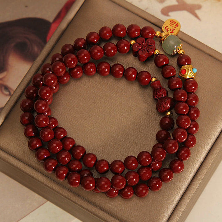 Buddha Stones Cinnabar Fu Character Flower Gourd Triple Wrap Blessing Bracelet