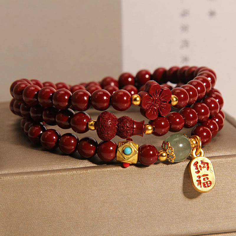 Buddha Stones Cinnabar Fu Character Flower Gourd Triple Wrap Blessing Bracelet