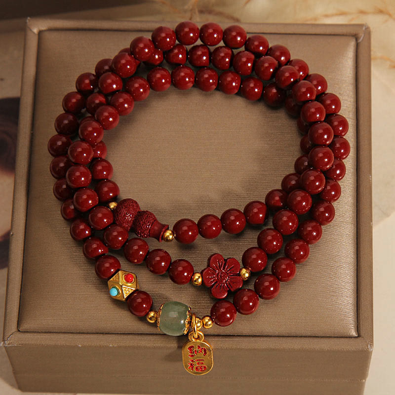 Buddha Stones Cinnabar Fu Character Flower Gourd Triple Wrap Blessing Bracelet