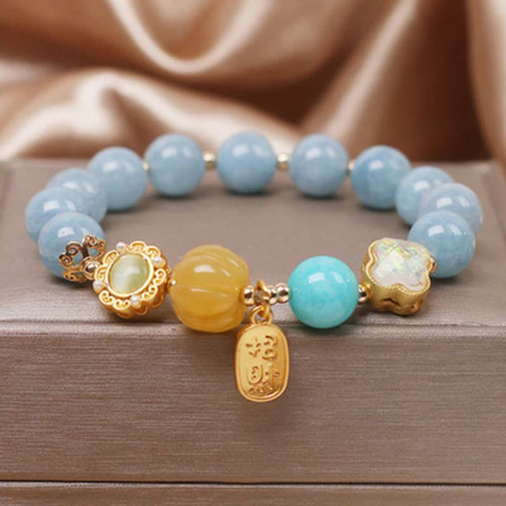 Buddha Stones Aquamarine Pumpkin Pearl Wealth Protection Bracelet