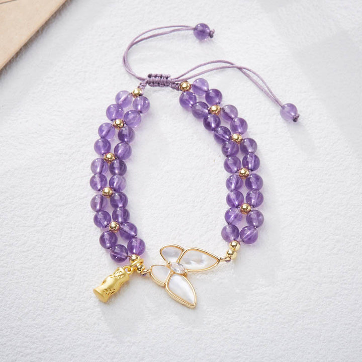 Buddha Stones Amethyst Butterfly Bamboo Balance Relieves Stress Braided String Bracelet