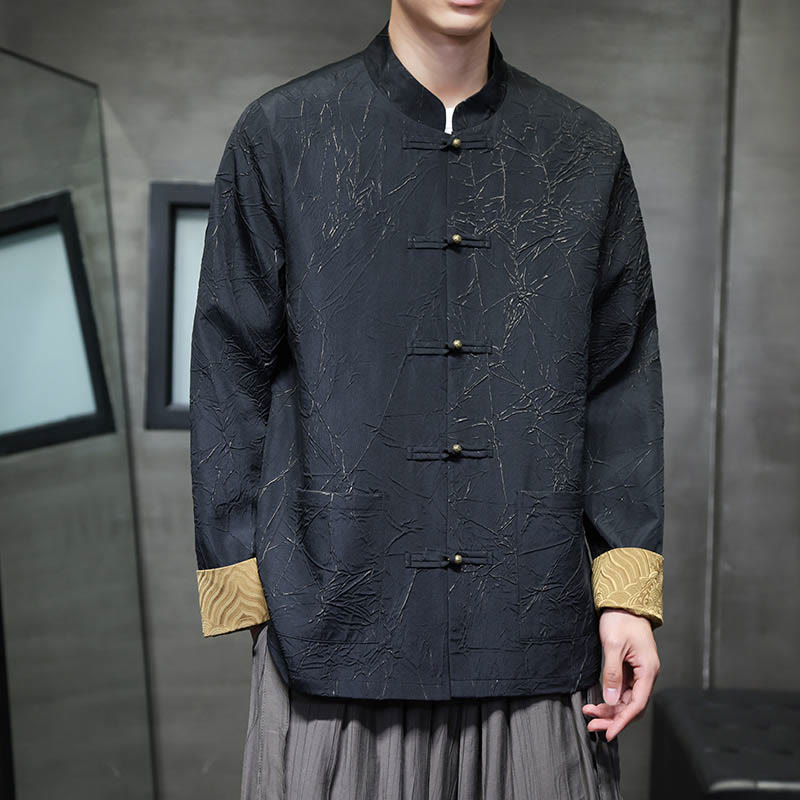 Buddha Stones Tang Suit Casual Frog-button Long Sleeve Nylon Men's Jacket Shirt Clothing - Black - US/UK/AU46，EU56 (5XL) - image 1