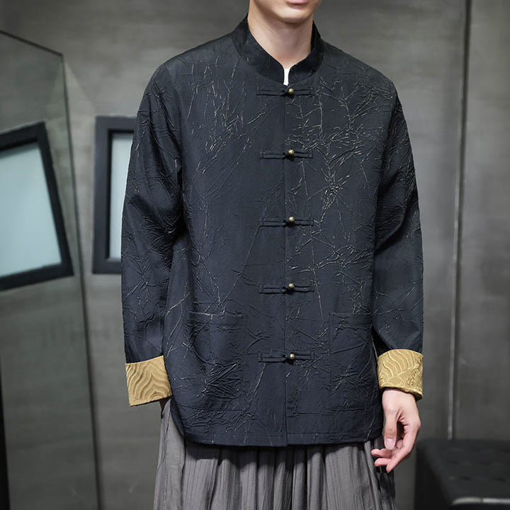 Buddha Stones Tang Suit Casual Frog-button Long Sleeve Nylon Men's Jacket Shirt Clothing - Black - US/UK/AU46，EU56 (5XL) - image 1