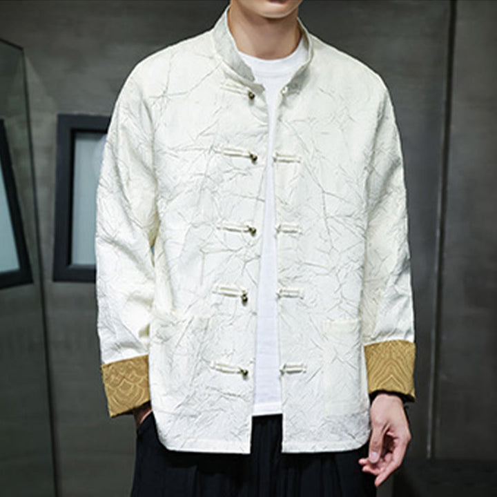 Buddha Stones Tang Suit Casual Frog-button Long Sleeve Nylon Men's Jacket Shirt Clothing - White - US/UK/AU46，EU56 (5XL) - image 9