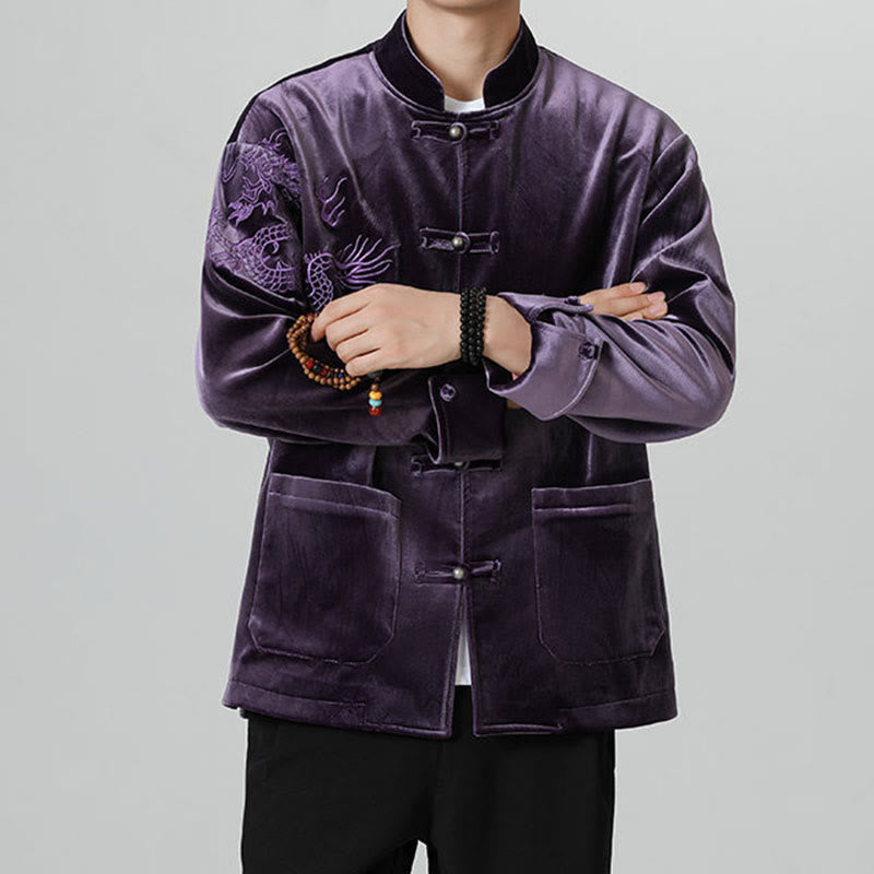 Buddha Stones Embroider Dragon Casual Frog-button Cotton Men's Jacket Shirt Clothing