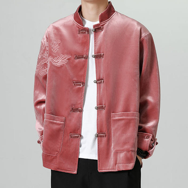 Buddha Stones Embroider Dragon Casual Frog-button Cotton Men's Jacket Shirt Clothing - FireBrick - US/UK/AU46，EU56 (5XL) - image 0