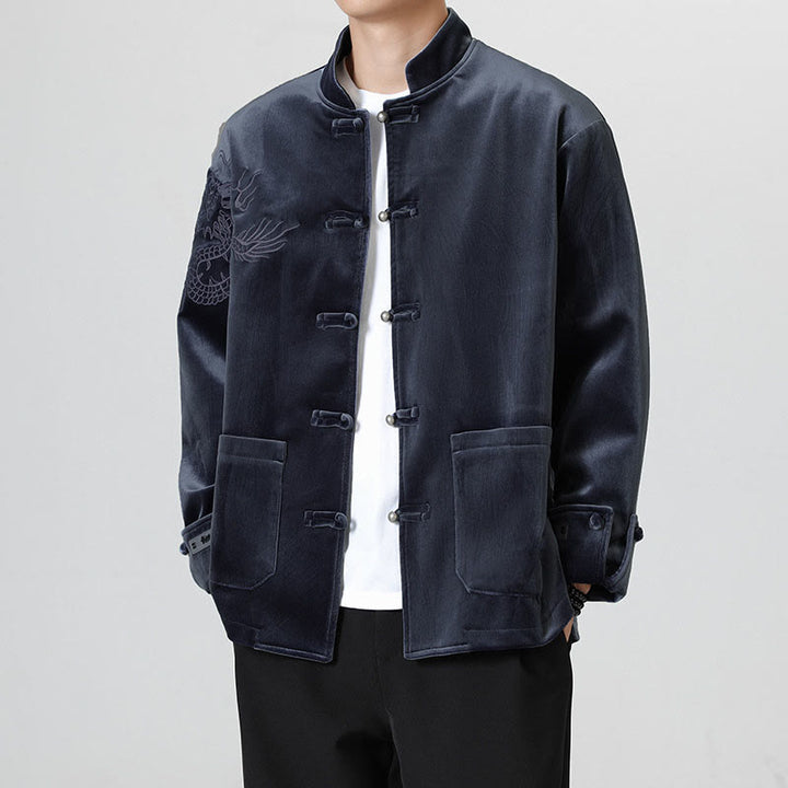 Buddha Stones Embroider Dragon Casual Frog-button Cotton Men's Jacket Shirt Clothing - image 26