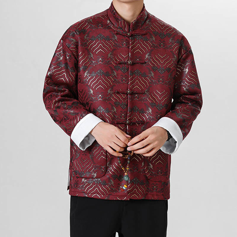 Buddha Stones Copper Frog-Button Chinese Tang Suit Wave Shape Long Shirt Men Jacket Clothing - image 8