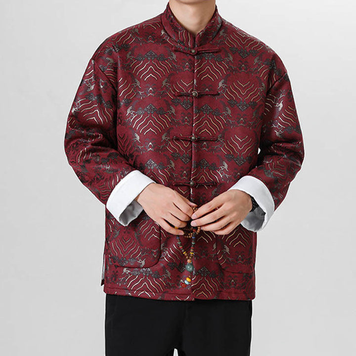 Buddha Stones Copper Frog-Button Chinese Tang Suit Wave Shape Long Shirt Men Jacket Clothing - image 8