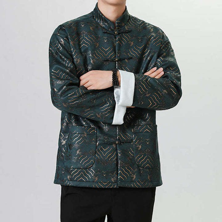 Buddha Stones Copper Frog-Button Chinese Tang Suit Wave Shape Long Shirt Men Jacket Clothing - image 16