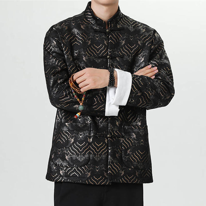 Buddha Stones Copper Frog-Button Chinese Tang Suit Wave Shape Long Shirt Men Jacket Clothing - image 2