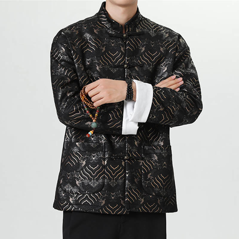 Buddha Stones Copper Frog-Button Chinese Tang Suit Wave Shape Long Shirt Men Jacket Clothing - image 1