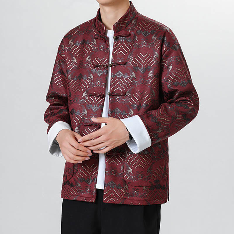 Buddha Stones Copper Frog-Button Chinese Tang Suit Wave Shape Long Shirt Men Jacket Clothing - image 9