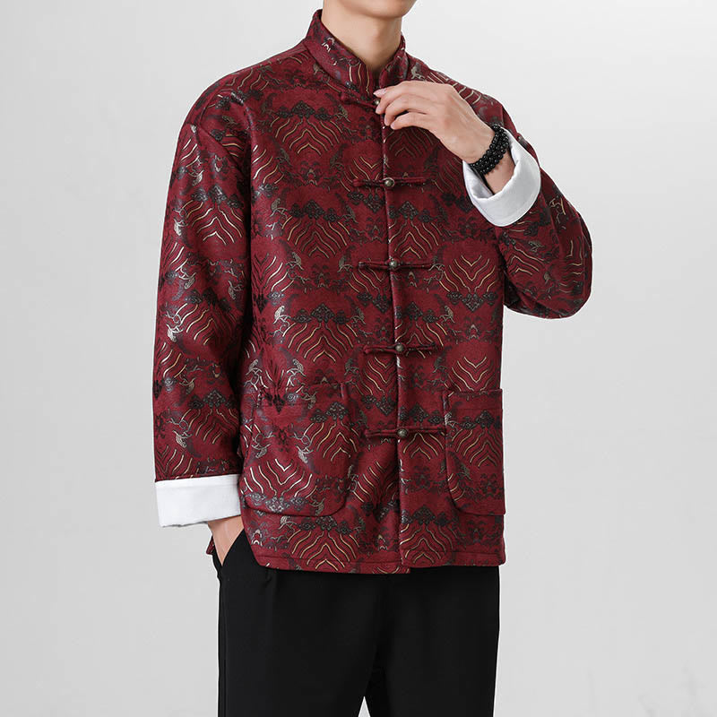 Buddha Stones Copper Frog-Button Chinese Tang Suit Wave Shape Long Shirt Men Jacket Clothing - image 10