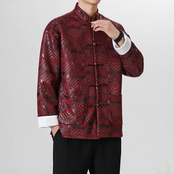 Buddha Stones Copper Frog-Button Chinese Tang Suit Wave Shape Long Shirt Men Jacket Clothing - DarkRed - US/UK/AU46，EU56 (5XL) - image 6
