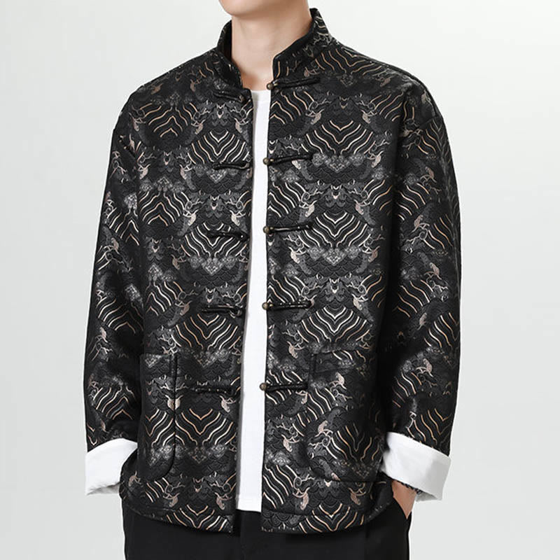 Buddha Stones Copper Frog-Button Chinese Tang Suit Wave Shape Long Shirt Men Jacket Clothing - image 5