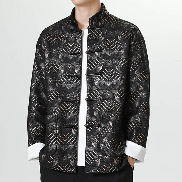Buddha Stones Copper Frog-Button Chinese Tang Suit Wave Shape Long Shirt Men Jacket Clothing - image 5