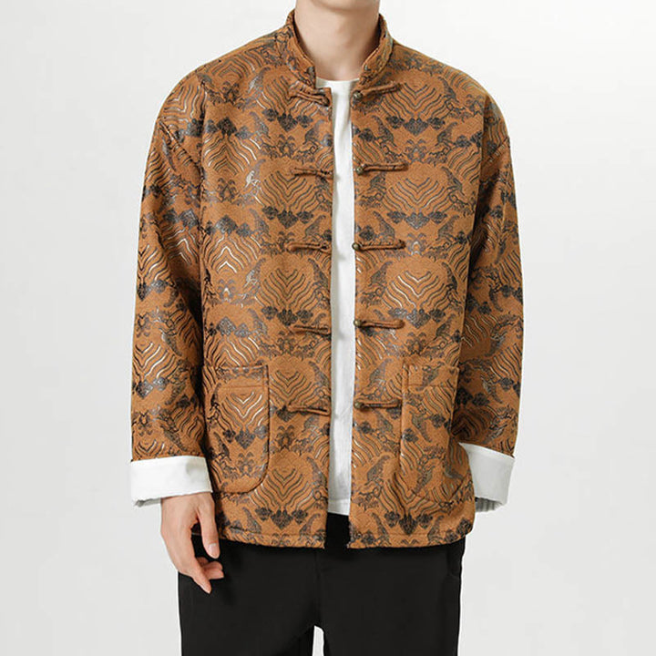Buddha Stones Copper Frog-Button Chinese Tang Suit Wave Shape Long Shirt Men Jacket Clothing - image 22