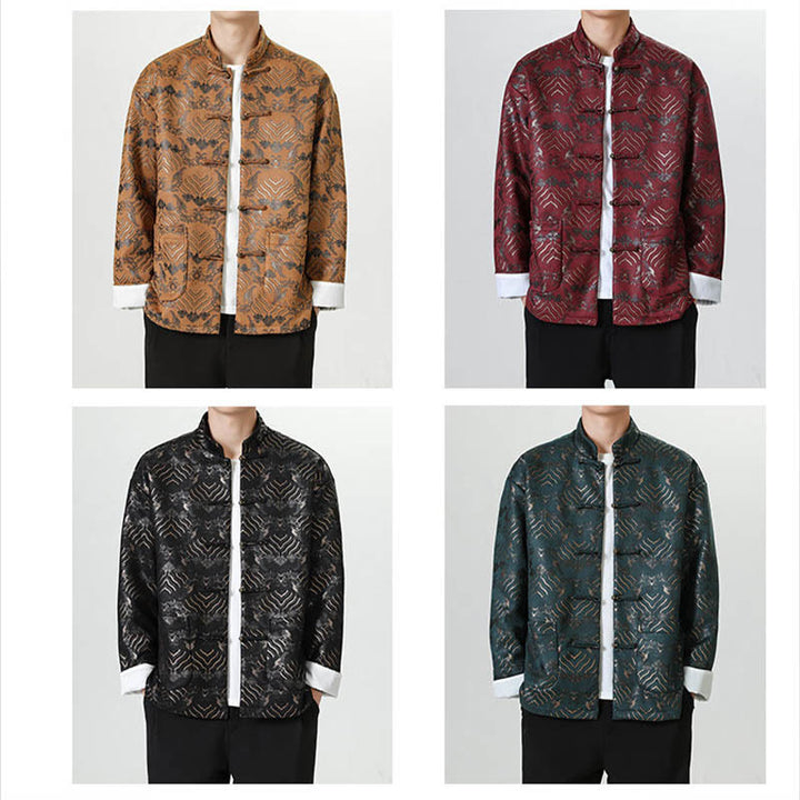 Buddha Stones Copper Frog-Button Chinese Tang Suit Wave Shape Long Shirt Men Jacket Clothing - image 28