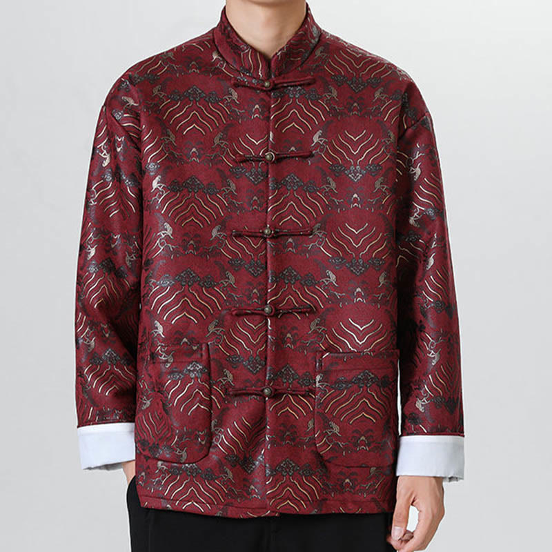 Buddha Stones Copper Frog-Button Chinese Tang Suit Wave Shape Long Shirt Men Jacket Clothing - image 11