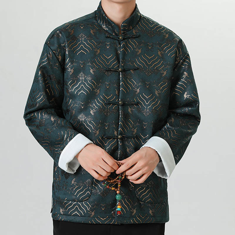 Buddha Stones Copper Frog-Button Chinese Tang Suit Wave Shape Long Shirt Men Jacket Clothing - image 14