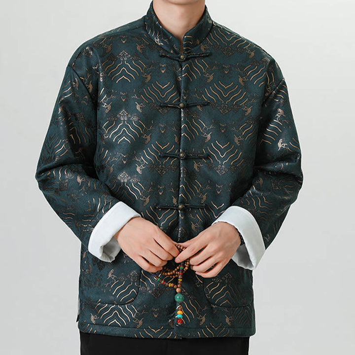 Buddha Stones Copper Frog-Button Chinese Tang Suit Wave Shape Long Shirt Men Jacket Clothing - image 14