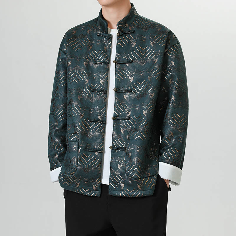 Buddha Stones Copper Frog-Button Chinese Tang Suit Wave Shape Long Shirt Men Jacket Clothing - image 16