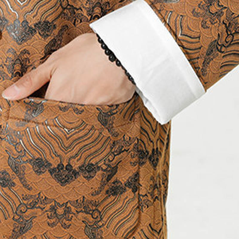 Buddha Stones Copper Frog-Button Chinese Tang Suit Wave Shape Long Shirt Men Jacket Clothing - image 28