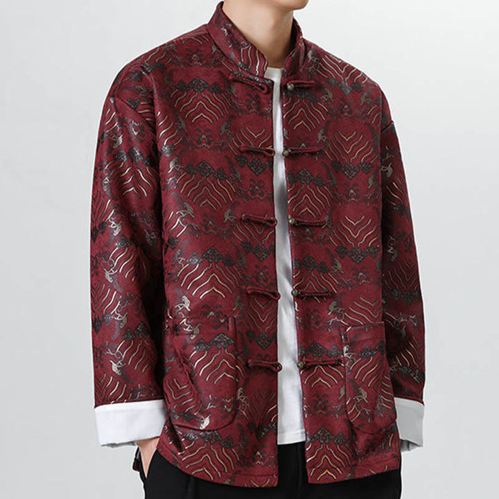 Buddha Stones Copper Frog-Button Chinese Tang Suit Wave Shape Long Shirt Men Jacket Clothing - image 11