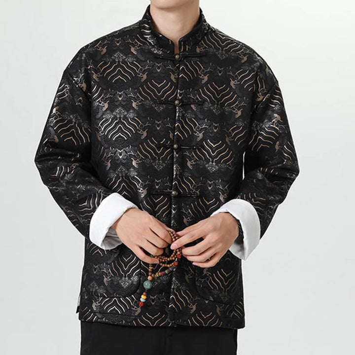 Buddha Stones Copper Frog-Button Chinese Tang Suit Wave Shape Long Shirt Men Jacket Clothing - image 4