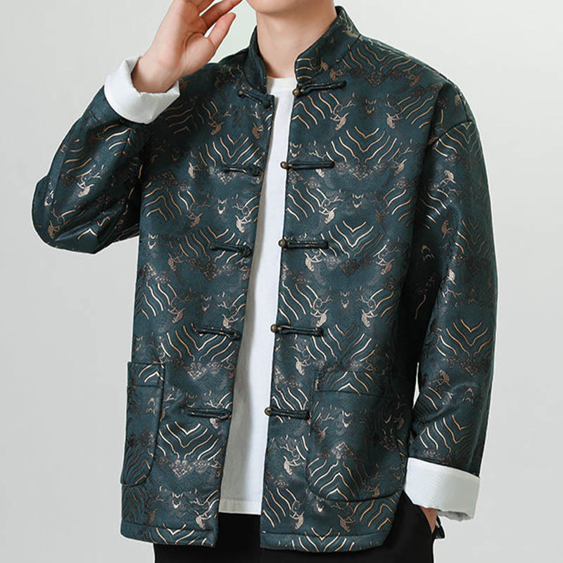 Buddha Stones Copper Frog-Button Chinese Tang Suit Wave Shape Long Shirt Men Jacket Clothing - Teal - US/UK/AU46，EU56 (5XL) - image 12